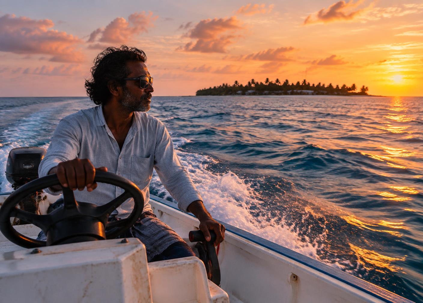 Maldivian captain at the helm near Ukulhas at sunset